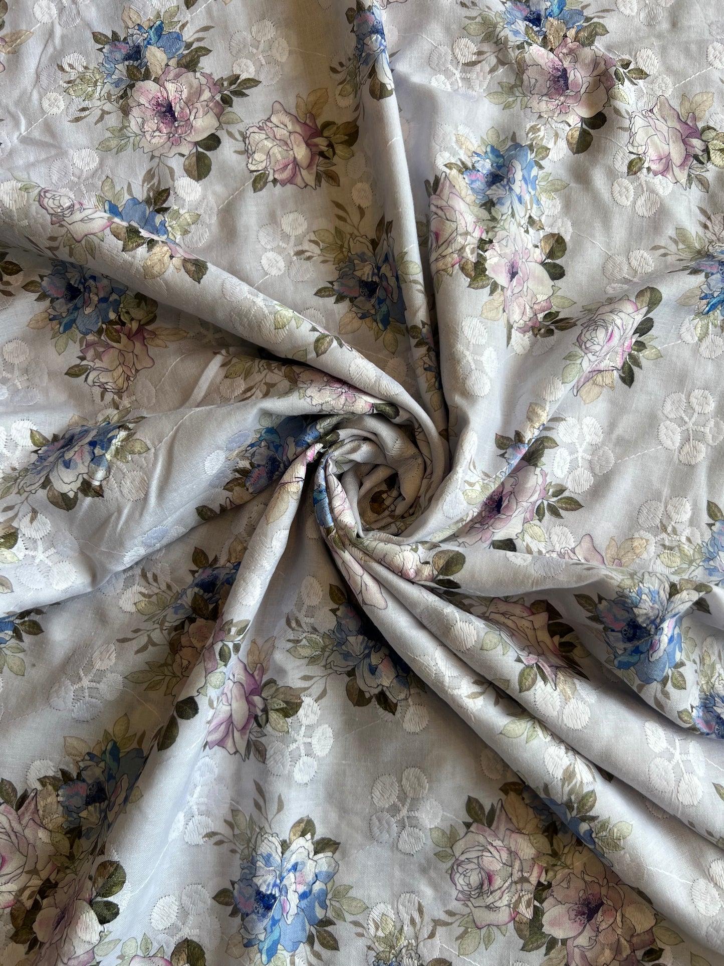 Blue Cotton Embroidered Fabric with Floral Print