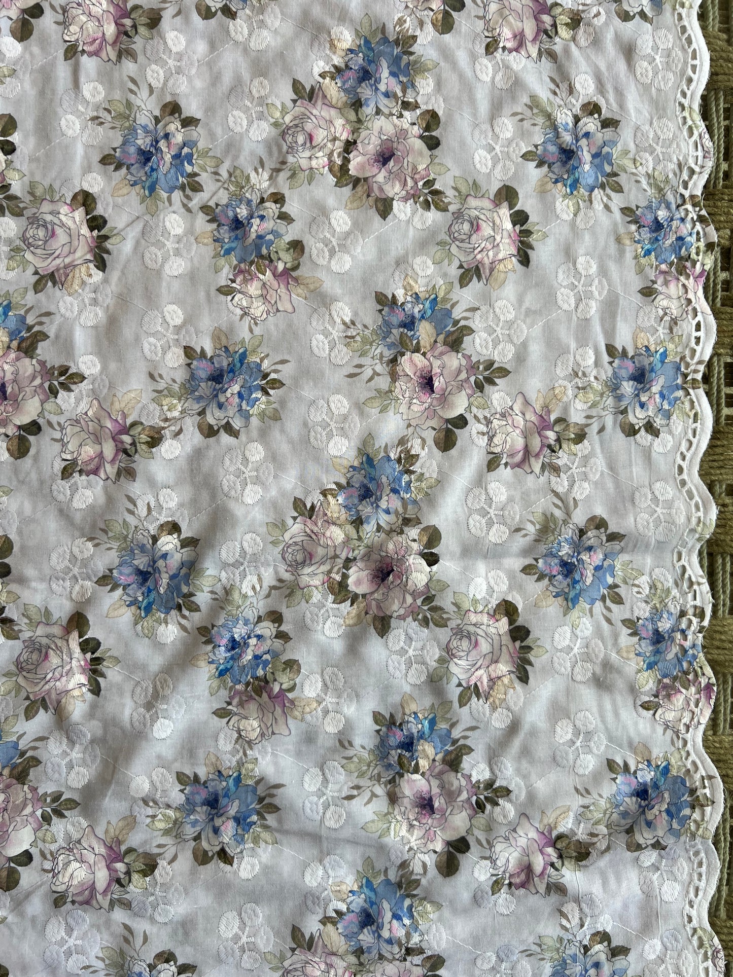 Blue Cotton Embroidered Fabric with Floral Print