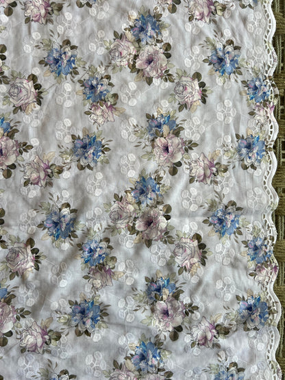 Blue Cotton Embroidered Fabric with Floral Print