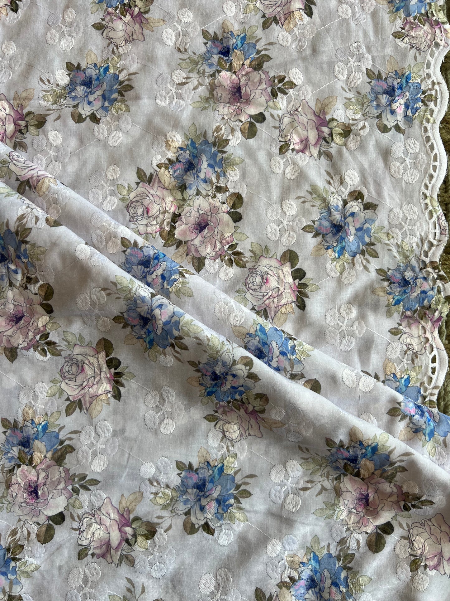 Blue Cotton Embroidered Fabric with Floral Print
