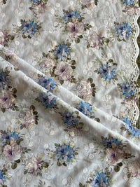 Blue Cotton Embroidered Fabric with Floral Print