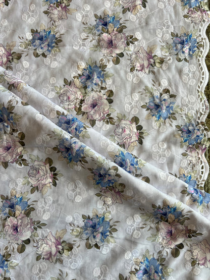 Blue Cotton Embroidered Fabric with Floral Print