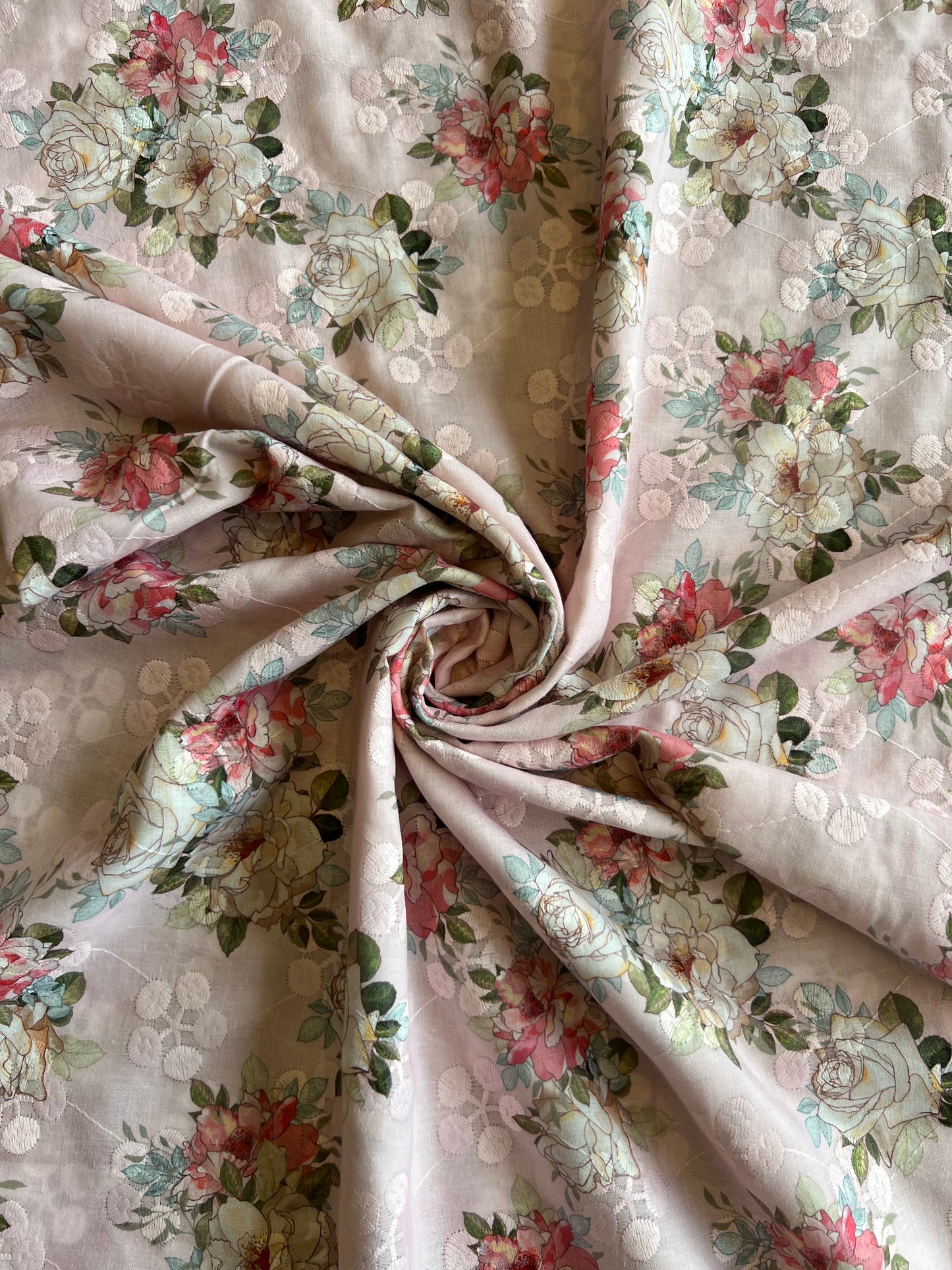 Pink Cotton Embroidered Fabric with Floral Print