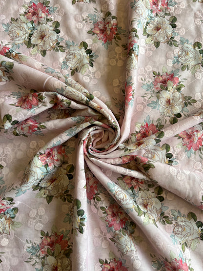 Pink Cotton Embroidered Fabric with Floral Print