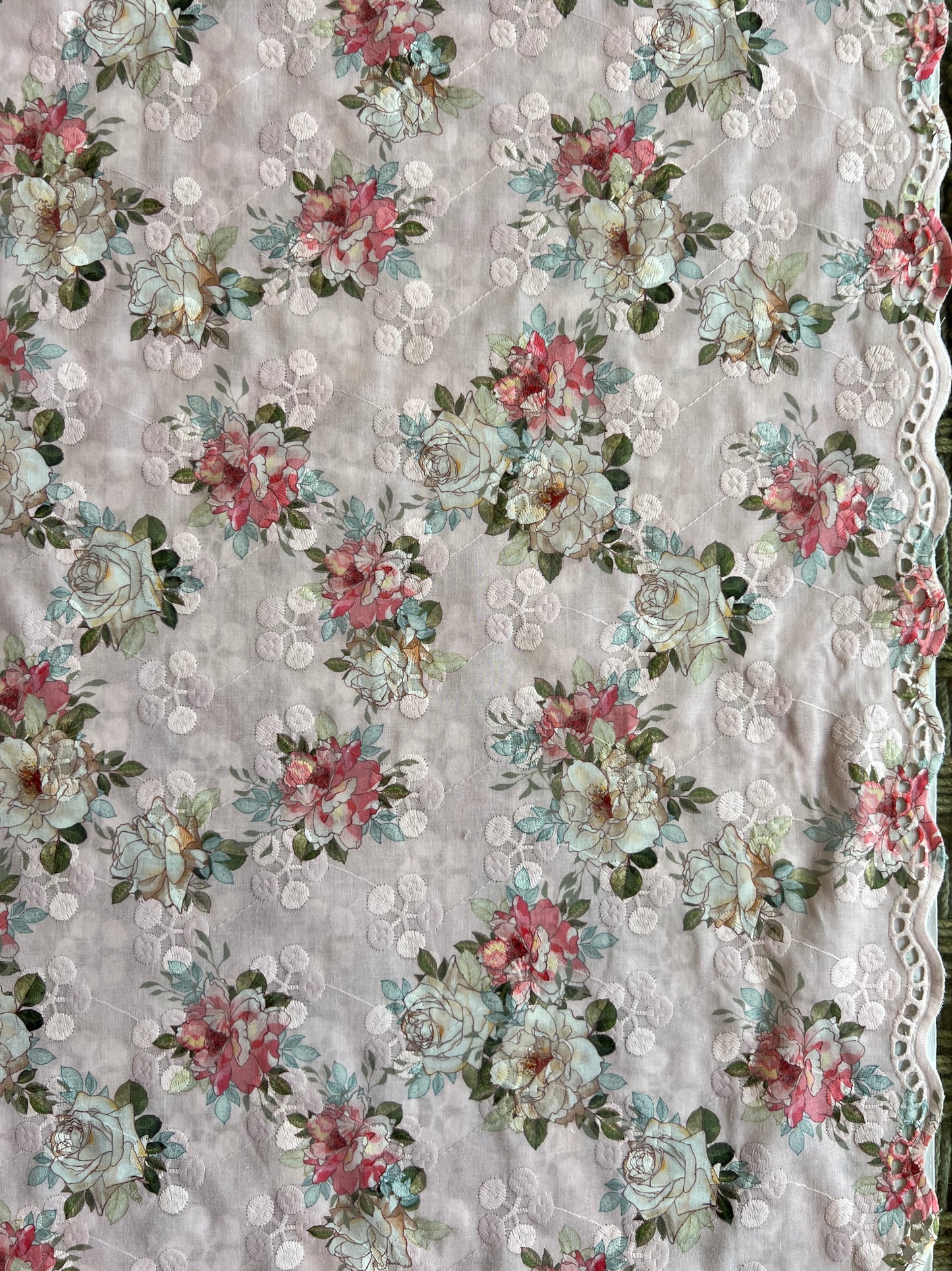 Pink Cotton Embroidered Fabric with Floral Print