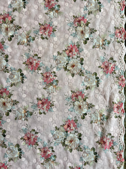 Pink Cotton Embroidered Fabric with Floral Print