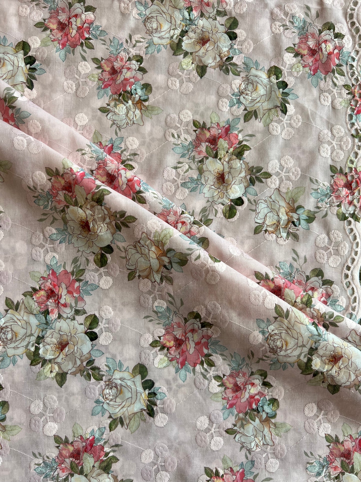 Pink Cotton Embroidered Fabric with Floral Print