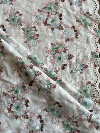 Pista Green Cotton Embroidered Fabric with Floral Print