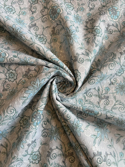 Blue Sequence Work Embroidery with Floral Print Cotton Fabric