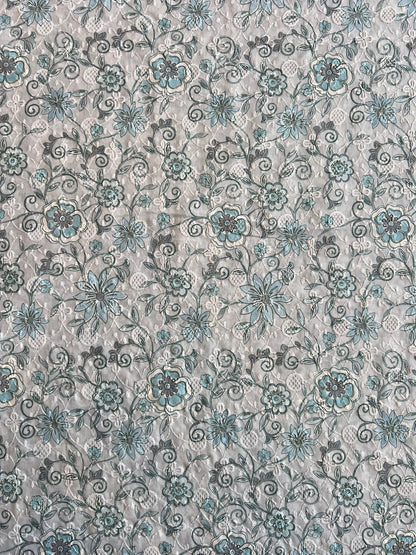 Blue Sequence Work Embroidery with Floral Print Cotton Fabric