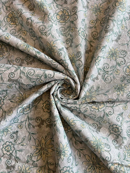 Green Sequence Work Embroidery with Floral Print Cotton Fabric