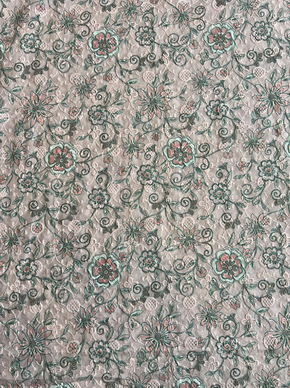 Baby Pink Sequence Work Embroidery with Floral Print Cotton Fabric