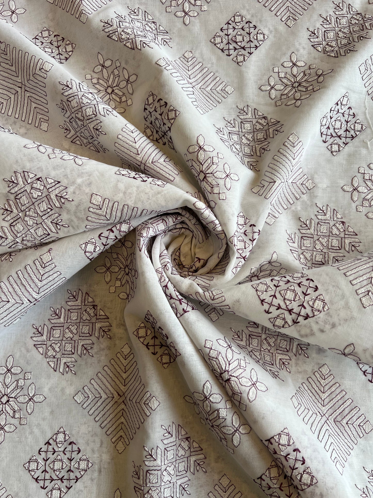 White Cotton Voile Fabric with Purple Geometrical Embroidery