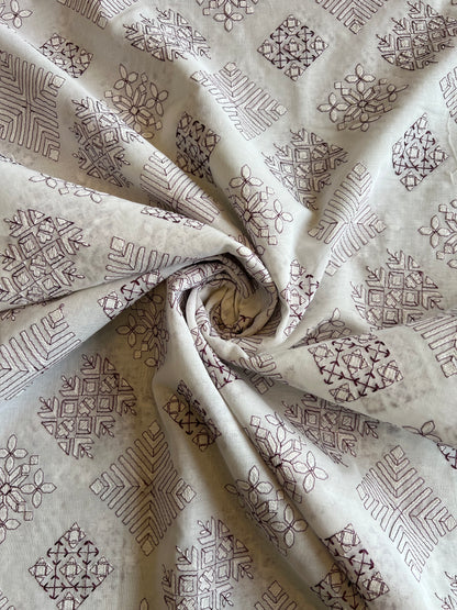 White Cotton Voile Fabric with Purple Geometrical Embroidery