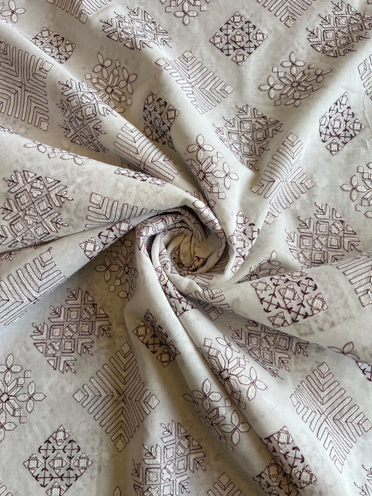 White Cotton Voile Fabric with Purple Geometrical Embroidery