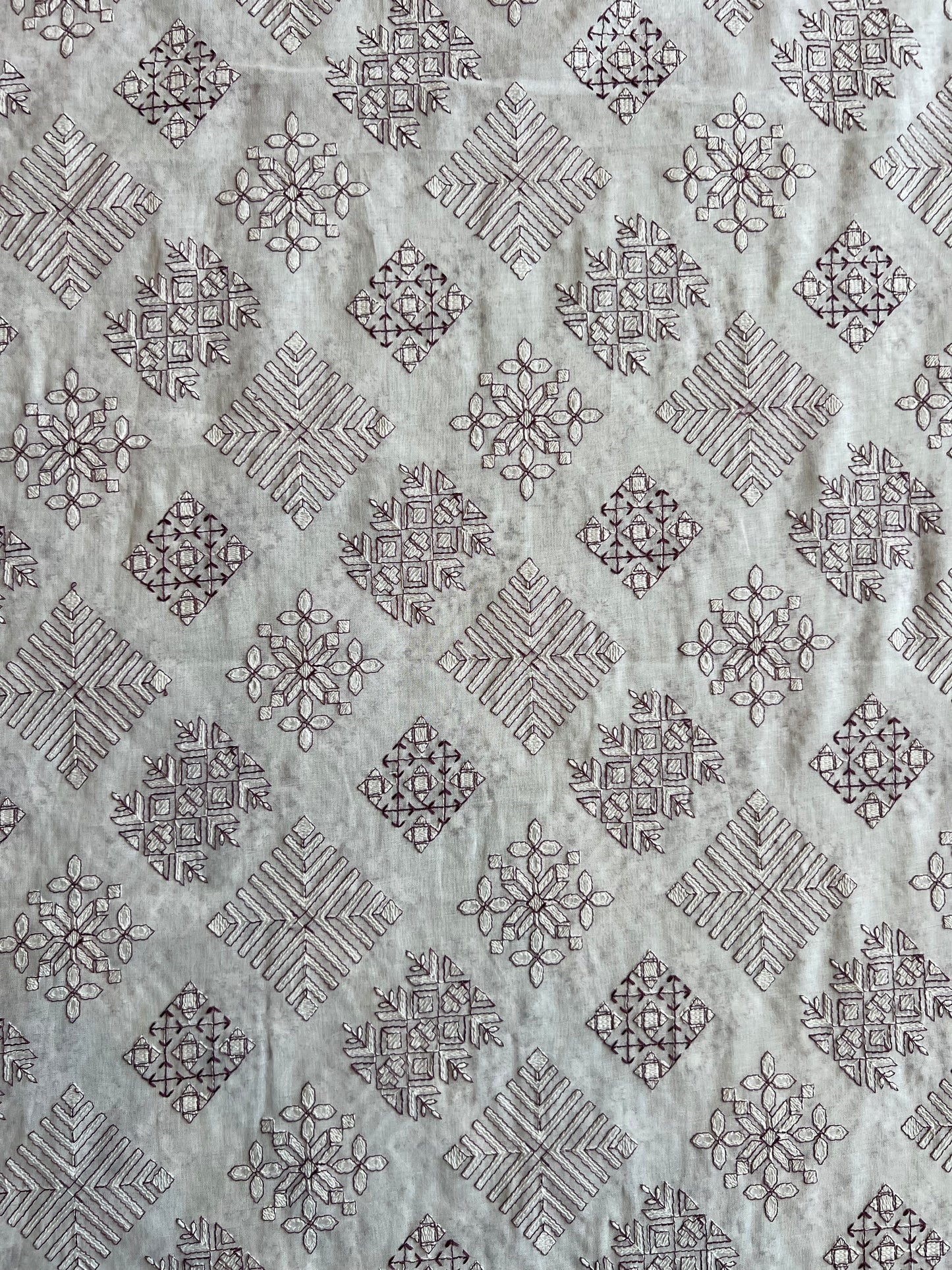 White Cotton Voile Fabric with Purple Geometrical Embroidery