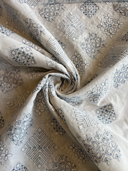 White Cotton Voile Fabric with Teal Blue Geometrical Embroidery