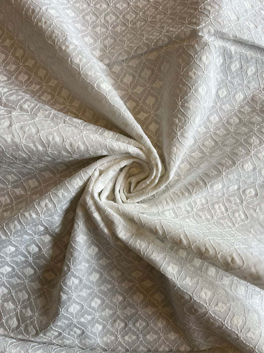 White Geometrical Embroidered Cotton Fabric