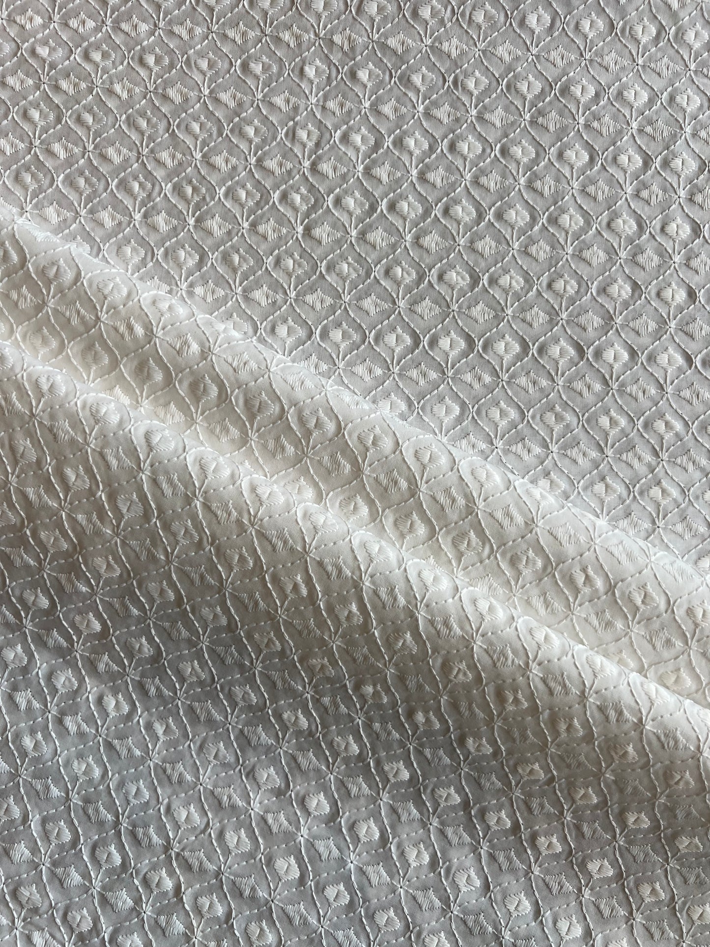 White Geometrical Embroidered Cotton Fabric