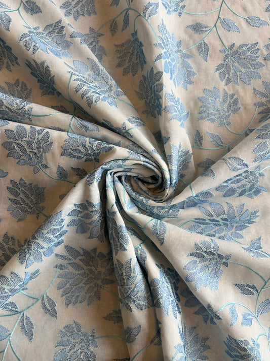 Blue Floral Embroidered Cotton Voile Fabric