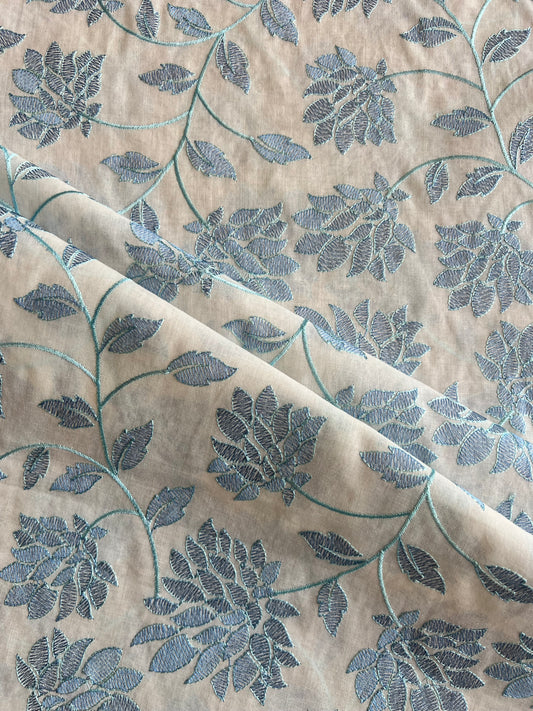 Blue Floral Embroidered Cotton Voile Fabric