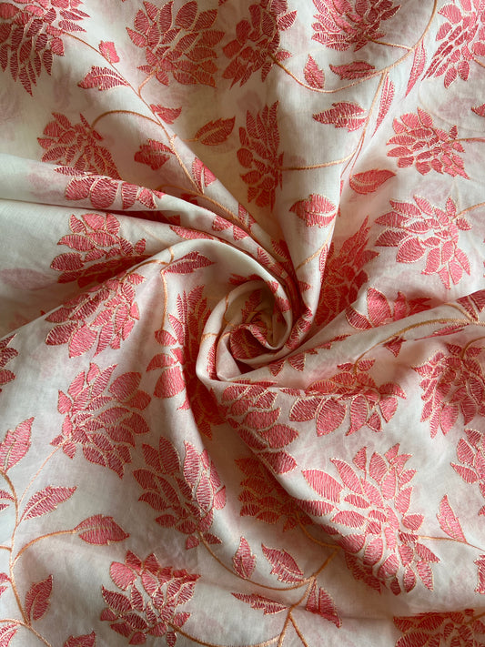 Peach Floral Embroidered Cotton Voile Fabric