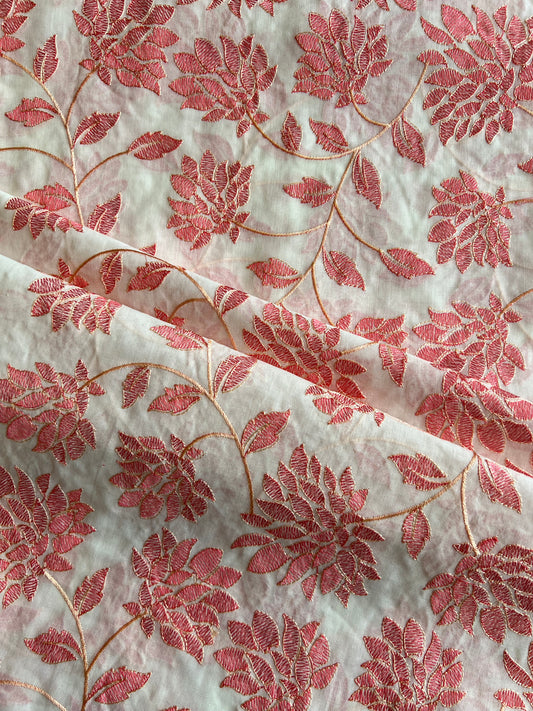 Peach Floral Embroidered Cotton Voile Fabric