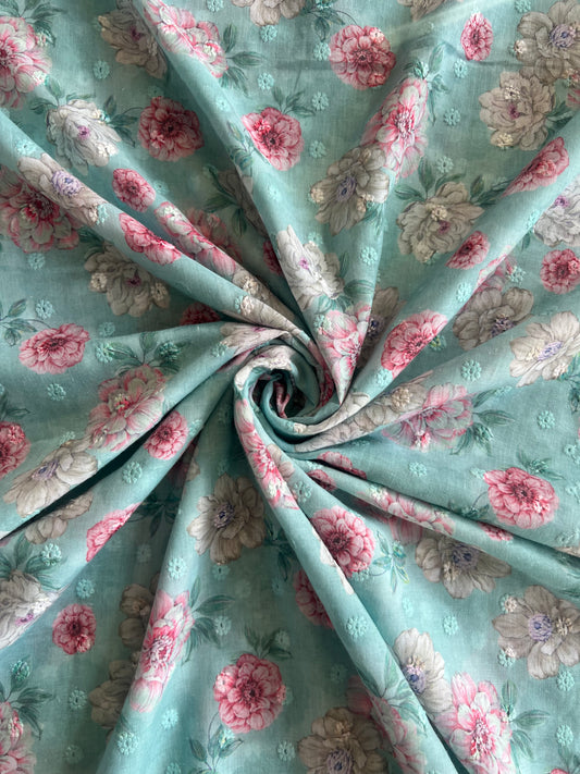Blue Cotton Embroidered Fabric with Floral Print