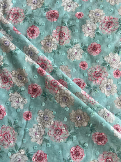 Blue Cotton Embroidered Fabric with Floral Print