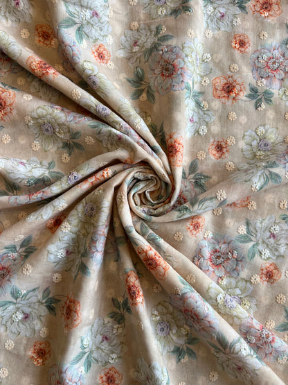 Lemon Cotton Embroidered Fabric with Floral Print