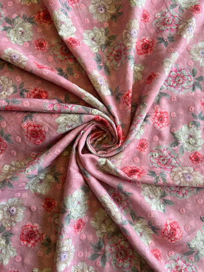 Pink Cotton Embroidered Fabric with Floral Print