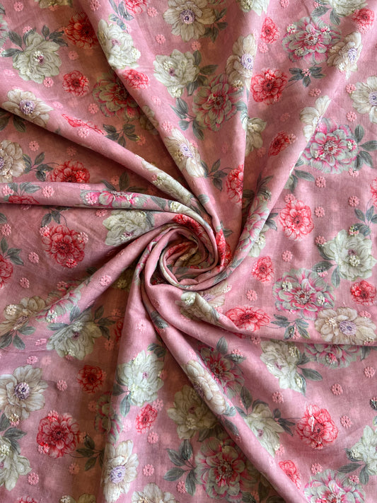 Pink Cotton Embroidered Fabric with Floral Print