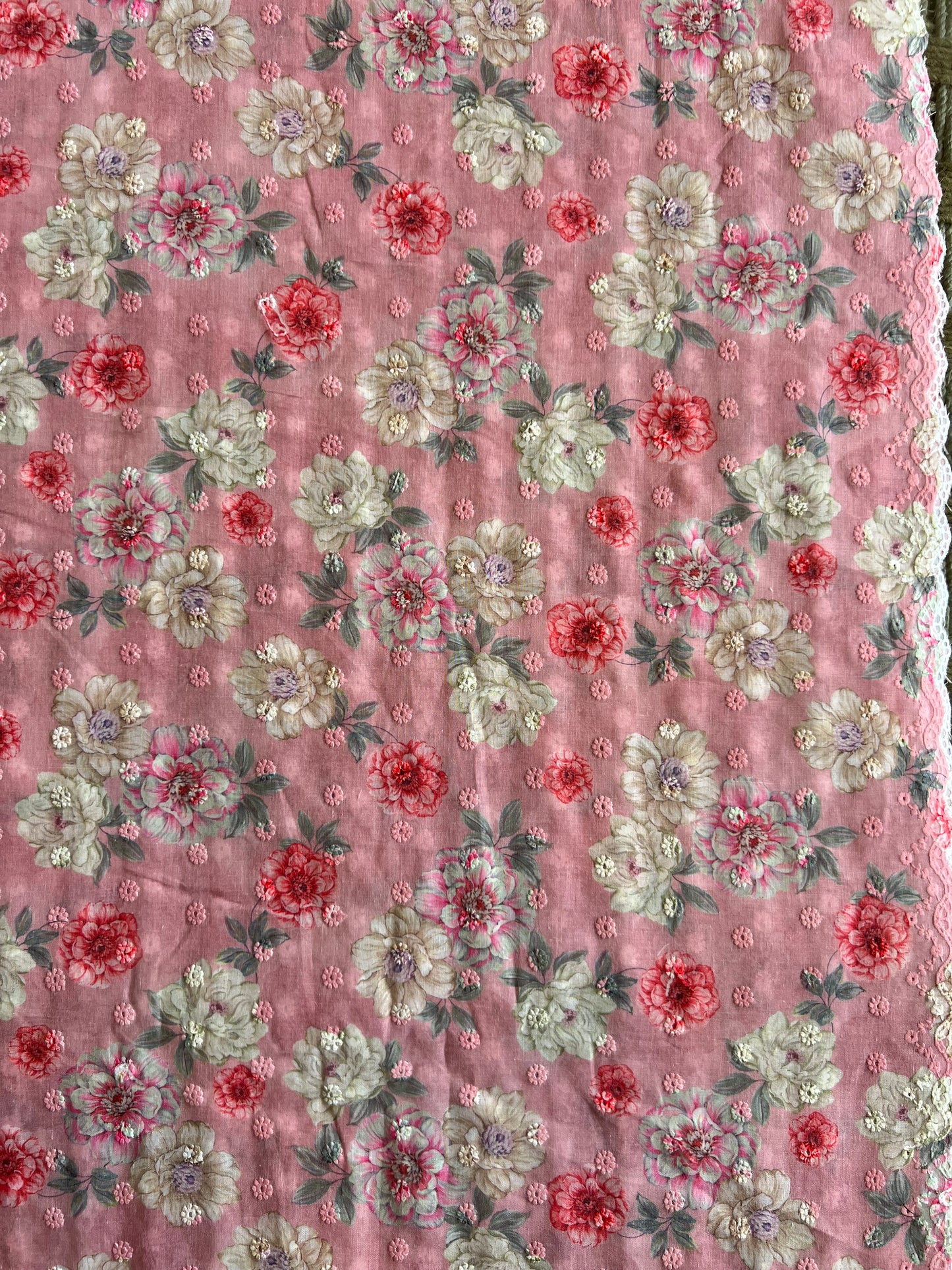Pink Cotton Embroidered Fabric with Floral Print