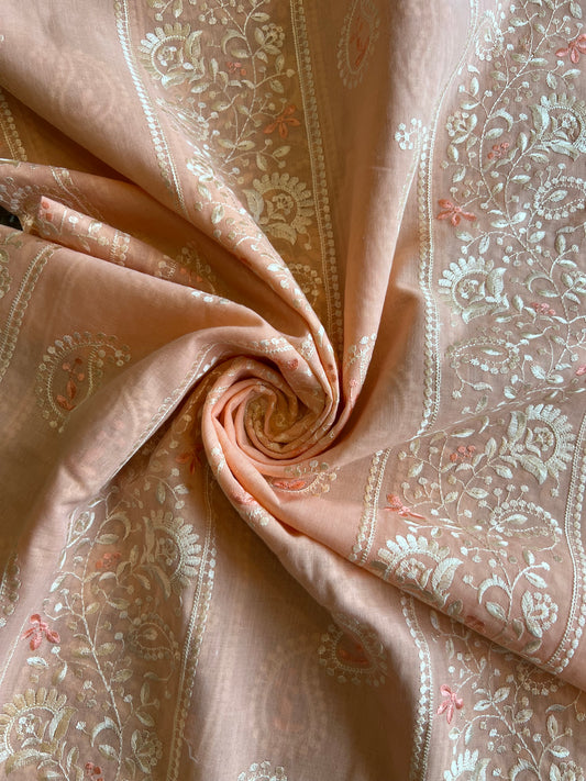 Peach 2 by 2 Rubia Paisley Embroidered Patti Fabric
