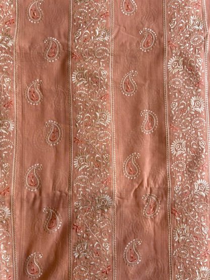 Peach 2 by 2 Rubia Paisley Embroidered Patti Fabric