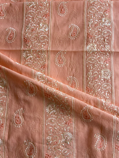 Peach 2 by 2 Rubia Paisley Embroidered Patti Fabric