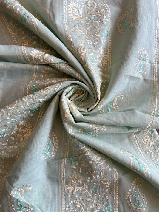 Pista Green 2 by 2 Rubia Paisley Embroidered Patti Fabric