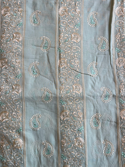 Pista Green 2 by 2 Rubia Paisley Embroidered Patti Fabric