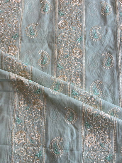 Pista Green 2 by 2 Rubia Paisley Embroidered Patti Fabric