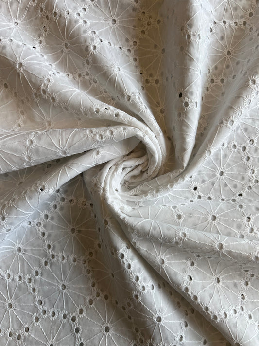 White Cotton Geometrical Cut Work Embroidered Fabric