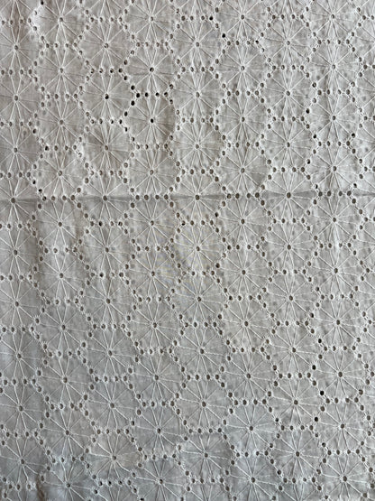 White Cotton Geometrical Cut Work Embroidered Fabric