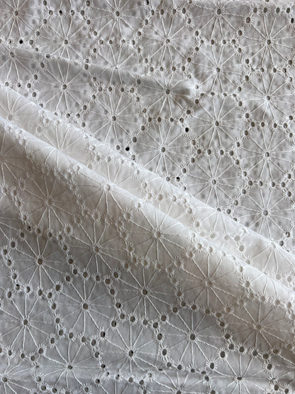 White Cotton Geometrical Cut Work Embroidered Fabric
