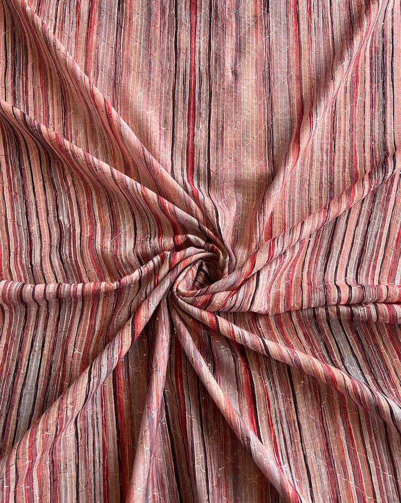 Peach Multi Colour Stripes Print with Self Sequence Work Fabric