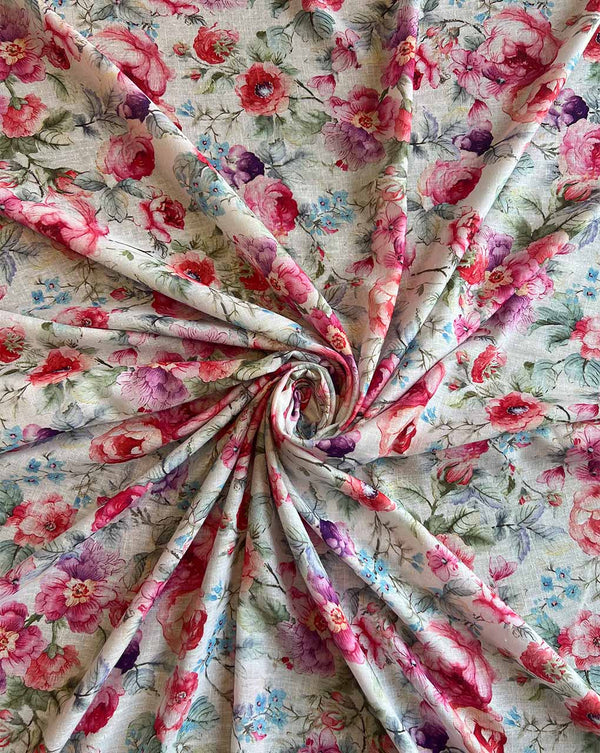 Multi Colour Floral Printed Cotton Linen Fabric