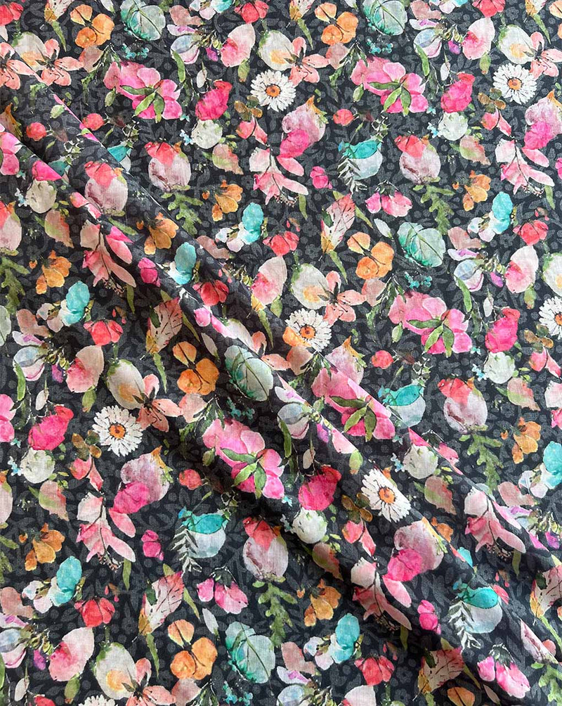 Green Multi Colour Floral Print with Self Jacquard Fabric