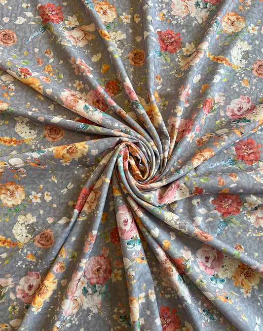 Grey Floral Print with Self Jacquard Fabric