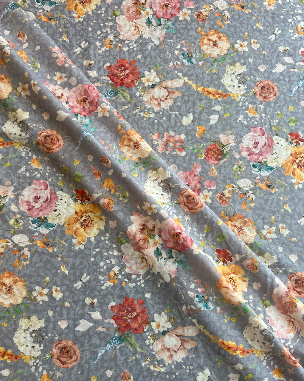 Grey Floral Print with Self Jacquard Fabric