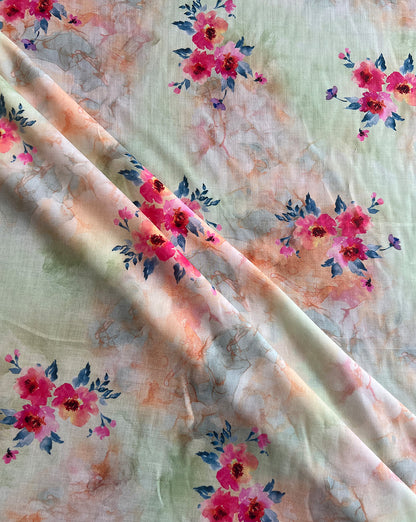 Multi Colour Floral Printed Cotton Linen Fabric