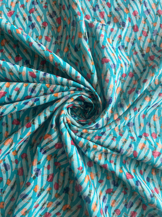 Rama Blue Floral Printed Jacquard Cotton Fabric