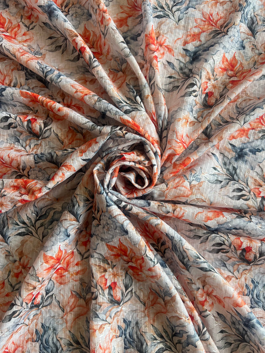 Orange Floral Self Sequence Work Printed Fabric